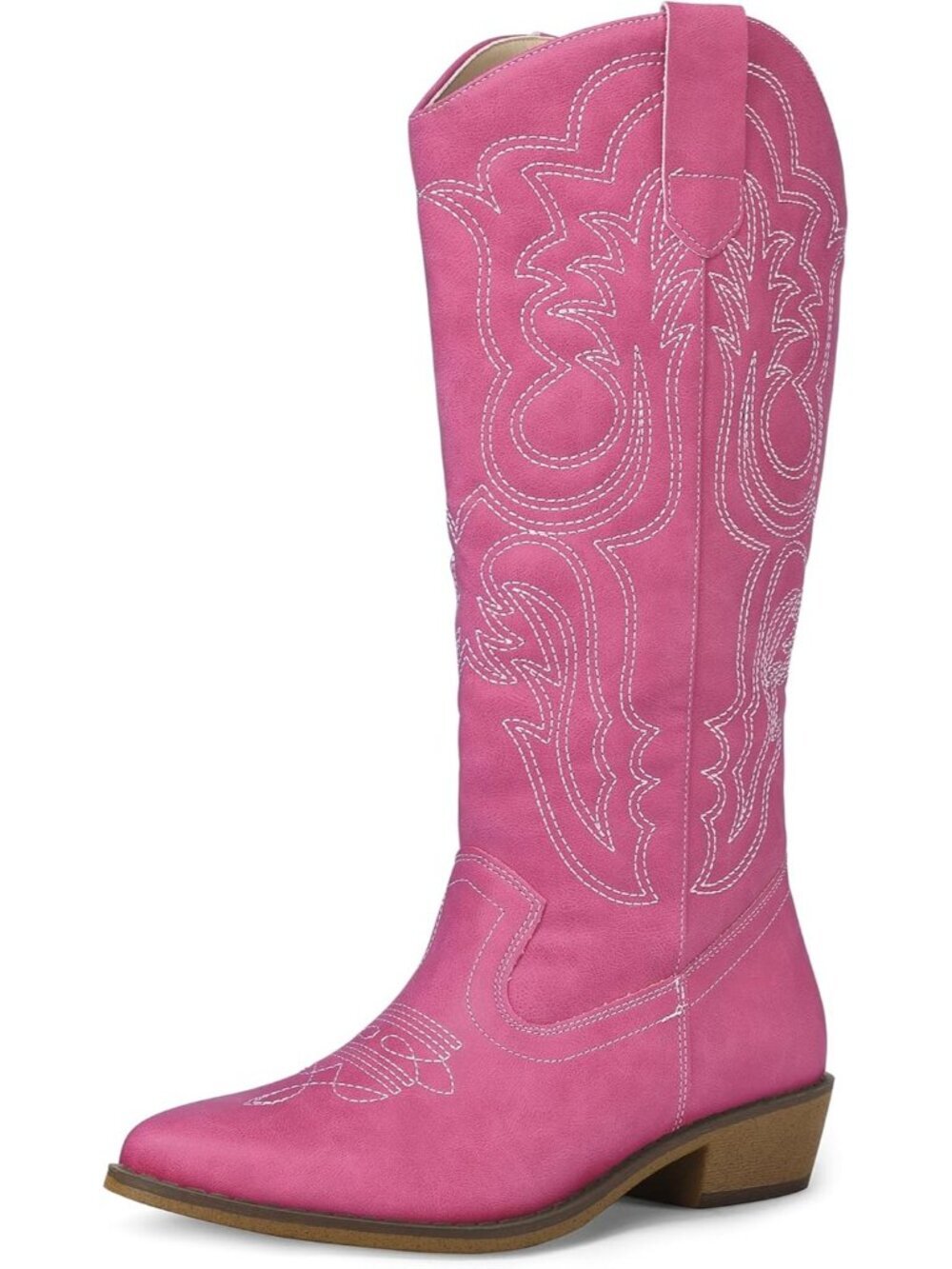 Women's Pink Cowboy Boots Mid Calf Western Embroidered Pointed Toe Chunky Heel